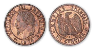1 centime Napoléon III tête laurée 1870 A (Paris). 1 centime Napoléon III tête laurée 1870 A (Paris).