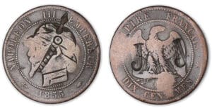 Monnaie satirique de 10 centimes Napoléon III tête nue 1855 A (Paris). Monnaie satirique de 10 centimes Napoléon III tête nue 1855 A (Paris).