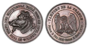Médaille satirique de Napoléon III 1870 (Tête de cochon). Médaille satirique de Napoléon III 1870 (Tête de cochon).