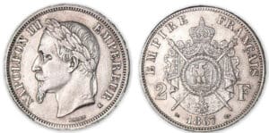 2 francs Napoléon III tête laurée 1867 K (Bordeaux). 2 francs Napoléon III tête laurée 1867 K (Bordeaux).