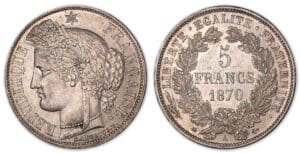 5 francs Cérès avec légende 1870 A (Paris).