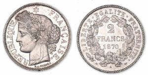 2 francs Cérès avec légende 1870 a petit (Paris).