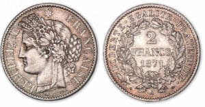 2 francs Cérès avec légende 1871 a moyen (Paris).