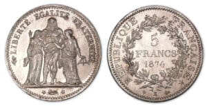5 francs Hercule 1874 K (Bordeaux).