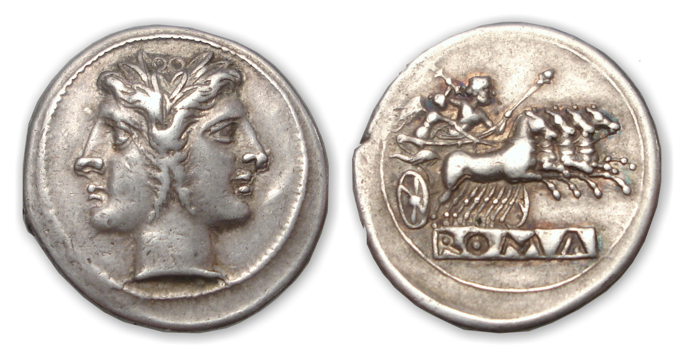 Didrachme romano-campien 225-215 av. J.-C. Tête janiforme Didrachme romano-campien 225-215 av. J.-C. Tête janiforme