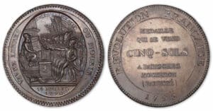 Monneron de 5 sols 1792 flanc bruni frappe médaille. Monneron de 5 sols 1792 flanc bruni frappe médaille.