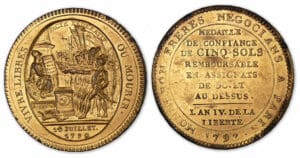 Monneron de 5 sols 1792 AN IV flanc doré. Monneron de 5 sols 1792 AN IV flanc doré.