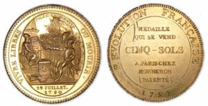 Monneron de 5 sols 1792 Flanc bruni en vermeille frappe médaille. Monneron de 5 sols 1792 Flanc bruni en vermeille frappe médaille.