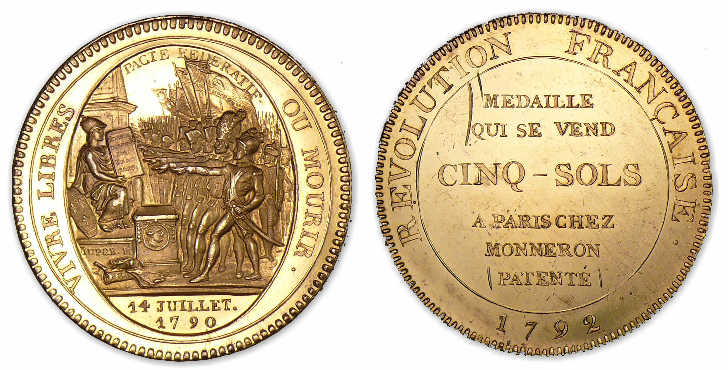 Monneron de 5 sols 1792 Flanc bruni en vermeille frappe médaille. Monneron de 5 sols 1792 Flanc bruni en vermeille frappe médaille.