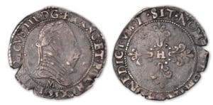 Henri III - Ligue - Demi-franc au col plat 1593 M (Toulouse). Henri III - Ligue - Demi-franc au col plat 1593 M (Toulouse).