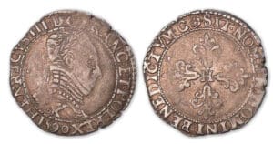 Henri III - Ligue - Demi-franc au col plat 1593 K (Saint-Lizier). Henri III - Ligue - Demi-franc au col plat 1593 K (Saint-Lizier).