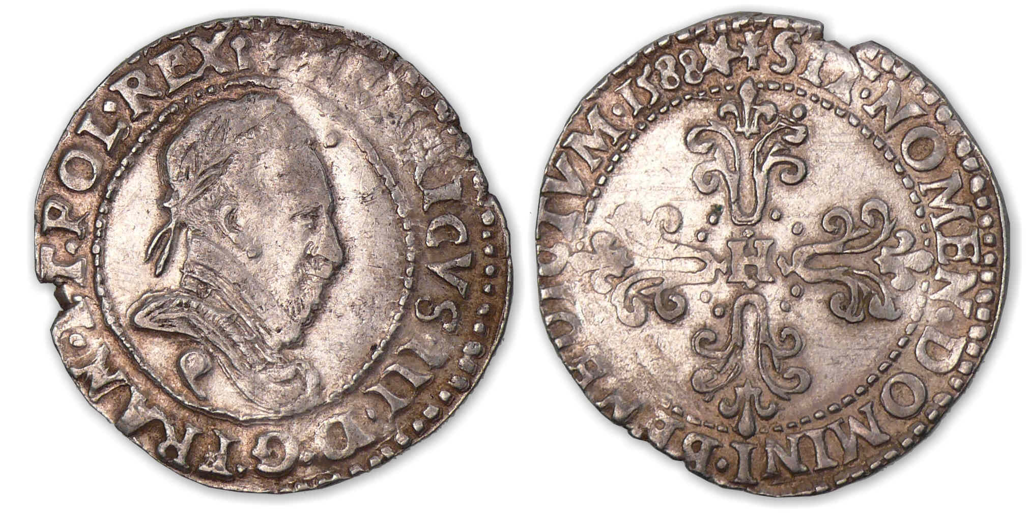 Henri III - Demi-franc au col plat 1588 Q (Narbonne). Henri III - Demi-franc au col plat 1588 Q (Narbonne).