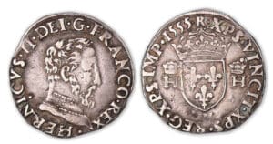 Henri II - Demi-teston 1555 M 5e type (Toulouse). Henri II - Demi-teston 1555 M 5e type (Toulouse).
