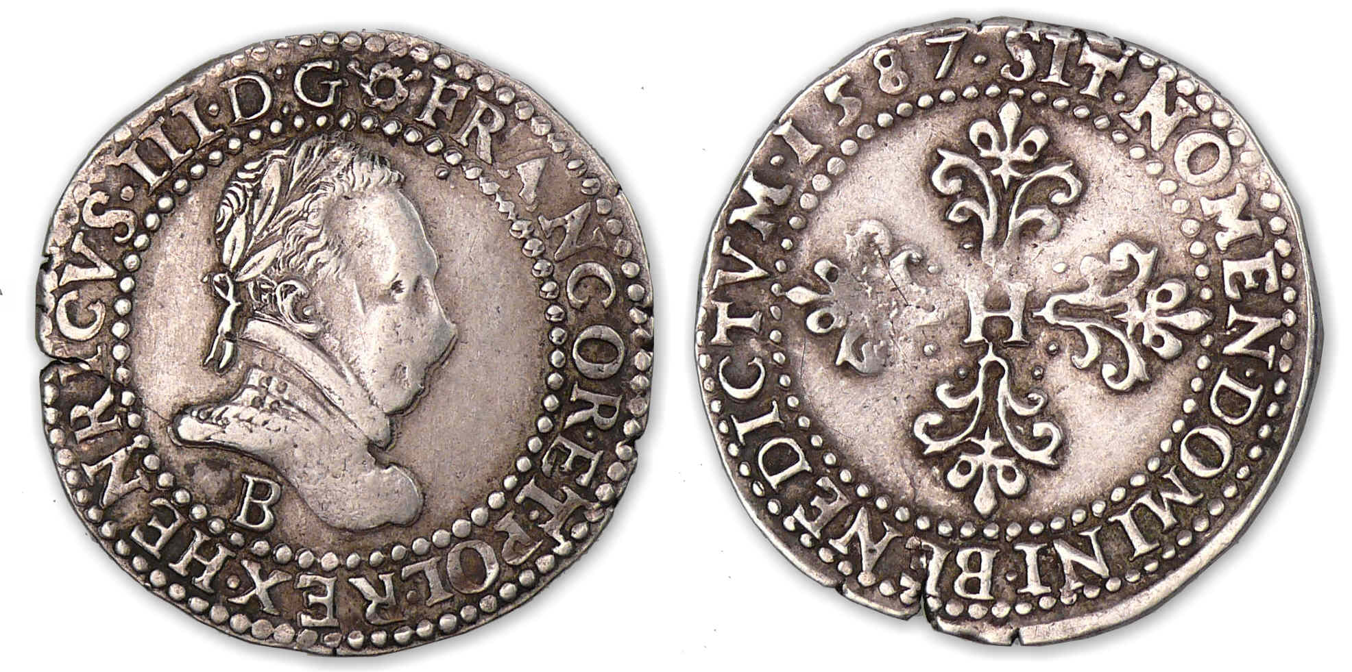 Henri III - Demi-franc au col plat 1587 B (Rouen). Henri III - Demi-franc au col plat 1587 B (Rouen).