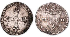 Henri III - Quart d'écu 1589 A (Paris). Henri III - Quart d'écu 1589 A (Paris).