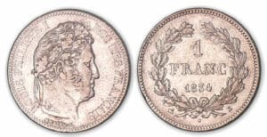 1 franc Louis-Philippe I tête laurée 1834 B (Rouen). 1 franc Louis-Philippe I tête laurée 1834 B (Rouen).