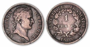 1 franc Napoléon revers Répulique 1808 T (Nantes). 1 franc Napoléon revers Répulique 1808 T (Nantes).
