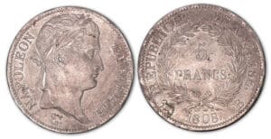 5 francs Napoléon revers Répulique 1808 B (Rouen). 5 francs Napoléon revers Répulique 1808 B (Rouen).