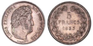 5 francs Louis-Philippe I tête laurée 2e type 1833 Q (Perpignan). 5 francs Louis-Philippe I tête laurée 2e type 1833 Q (Perpignan).