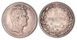 1 franc Louis-Philippe I tête nue 1831 D (Lyon). 1 franc Louis-Philippe I tête nue 1831 D (Lyon).