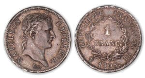 1 franc Napoléon revers Répulique 1808 BB (Strasbourg). 1 franc Napoléon revers Répulique 1808 BB (Strasbourg).
