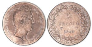 5 francs Louis-Philippe tête nue tranche creux 1830 W (Lille). 5 francs Louis-Philippe tête nue tranche creux 1830 W (Lille).