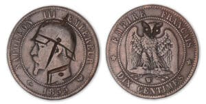 Monnaie satirique de 10 centimes Napoléon III tête nue 1855 W (Paris). Monnaie satirique de 10 centimes Napoléon III tête nue 1855 W (Paris).