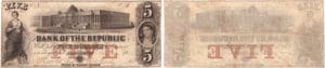 Etats-Unis - Bank Note - Obsolete currency - Rhode Island (Providence), Bank of the Republic - 5 dollars August 4th 1855