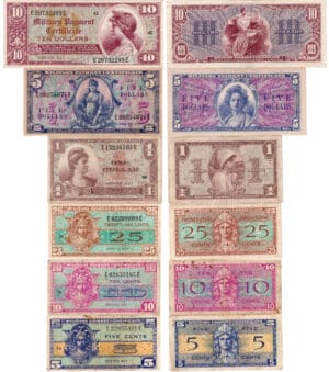 Etats-Unis - Bank Note - Military payment certificates - 5 cents, 10 cents, 25 cents, 1 dollar, 5 dollars, 10 dollars serie 521 (lot de 6 billets) Etats-Unis - Bank Note - Military payment certificates - 5 cents, 10 cents, 25 cents, 1 dollar, 5 dollars, 10 dollars serie 521 (lot de 6 billets)