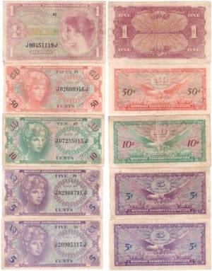 Etats-Unis - Bank Note - Military payment certificates - 5 cents, 10 cents, 50 cents, 1 dollar serie 641 (lot de 5 billets) Etats-Unis - Bank Note - Military payment certificates - 5 cents, 10 cents, 50 cents, 1 dollar serie 641 (lot de 5 billets)