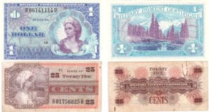 Etats-Unis - Bank Note - Military payment certificates - 25 cents, 1 dollar serie 661 (lot de 2 billets) Etats-Unis - Bank Note - Military payment certificates - 25 cents, 1 dollar serie 661 (lot de 2 billets)