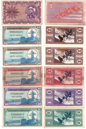 Etats-Unis - Bank Note - Military payment certificates - 5 cents, 10 cents, 25 cents, 50 cents, 1 dollar serie 681 (lot de 6 billets) Etats-Unis - Bank Note - Military payment certificates - 5 cents, 10 cents, 25 cents, 50 cents, 1 dollar serie 681 (lot de 6 billets)