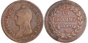 Directoire (1795-1799) - 1 décime Dupré - grand module An 7 sur 6 A (Paris) Directoire (1795-1799) - 1 décime Dupré - grand module An 7 sur 6 A (Paris)