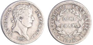 Napoléon 1er (1804-1814) - 1/2 franc revers république 1808 D (Lyon) Napoléon 1er (1804-1814) - 1/2 franc revers république 1808 D (Lyon)