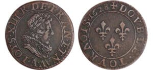 Louis XIII (1610-1643) - Denier tournois au buste juvénile et col plat - 1628 A (Paris) Louis XIII (1610-1643) - Denier tournois au buste juvénile et col plat - 1628 A (Paris)