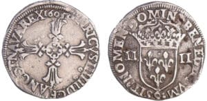 Henri IV (1589-1610) - Quart d'écu à la croix feuillue - 1605 9 (Rennes) Henri IV (1589-1610) - Quart d'écu à la croix feuillue - 1605 9 (Rennes)
