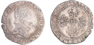 Henri III (1574-1589) - Quart de franc au col plat - 1579 H (La Rochelle) Henri III (1574-1589) - Quart de franc au col plat - 1579 H (La Rochelle)