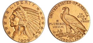 Etats-Unis - 5 dollars tête d'indien 1909 D (Denver)