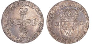 Louis XIV (1643-1715) - ¼ d'écu, frappe au marteau, avers côté croix - 1648 L (Bayonne)