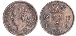 Louis XVIII (1815-1824) - 1/4 de franc buste nu 1822 A (Paris) Louis XVIII (1815-1824) - 1/4 de franc buste nu 1822 A (Paris)