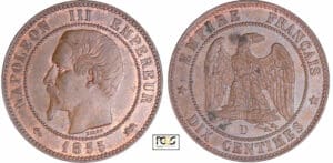 Napoléon III (1852-1870) - 10 centimes tête nue 1855 D (Lyon) ancre-lion