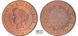Troisième République (1871-1940) - 5 centimes Cérès 1874 K (Bordeaux) Troisième République (1871-1940) - 5 centimes Cérès 1874 K (Bordeaux)