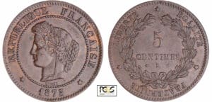 Troisième république (1871-1940) - 5 centimes Cérès 1873 K (Bordeaux) Troisième république (1871-1940) - 5 centimes Cérès 1873 K (Bordeaux)