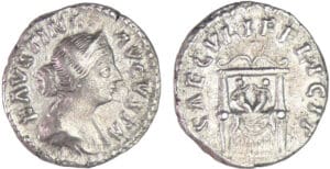 Faustine jeune - Denier (161, Rome) - Trône avec les jumeaux Faustine jeune - Denier (161, Rome) - Trône avec les jumeaux