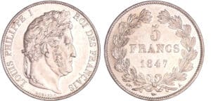 Louis-Philippe Ier (1830-1848) - 5 francs tête laurée 3ème type 1847 A (Paris) Louis-Philippe Ier (1830-1848) - 5 francs tête laurée 3ème type 1847 A (Paris)