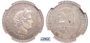 Troisième République (1871-1940) - 20 centimes type Merley - 1887 essai tranche à 40 dents Troisième République (1871-1940) - 20 centimes type Merley - 1887 essai tranche à 40 dents