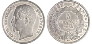 Louis Napoléon Bonaparte (1848-1852) - 5 francs 1852, essai, petite tête de lévrier à l'exergue, piéfort ? Louis Napoléon Bonaparte (1848-1852) - 5 francs 1852, essai, petite tête de lévrier à l'exergue, piéfort ?