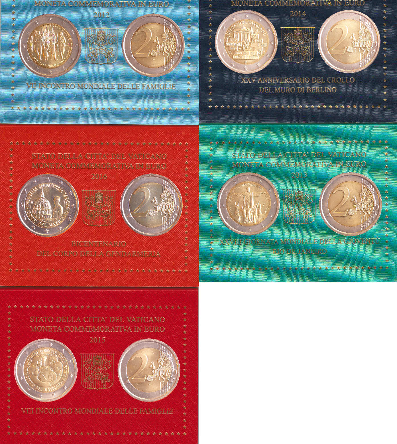 Italie - Vatican - Lot de 5 monnaies de 2 euro commémoratives 2012 à 2016 Italie - Vatican - Lot de 5 monnaies de 2 euro commémoratives 2012 à 2016