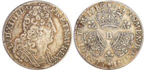 Louis XIV (1643-1715) - ¼ d'écu aux 3 couronnes - 1710 B (Rouen) Louis XIV (1643-1715) - ¼ d'écu aux 3 couronnes - 1710 B (Rouen)