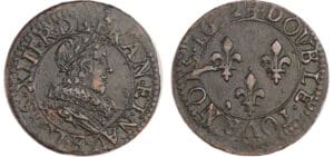 Louis XIII (1610-1643) - Double tournois au buste juvénile et col fraisé - 1632 E (Tours) Louis XIII (1610-1643) - Double tournois au buste juvénile et col fraisé - 1632 E (Tours)